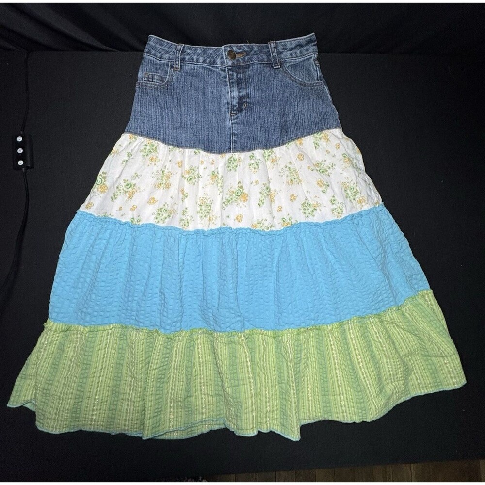 Y2K Speechless Girls (Size 8) Tiered Boho Floral Patchwork Denim Maxi Skirt